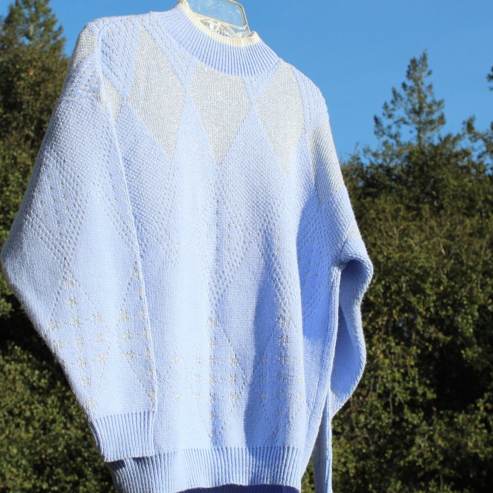 Vintage Fortune Knits Womens Pullover Sweater Light Blue Sprakle Diamond